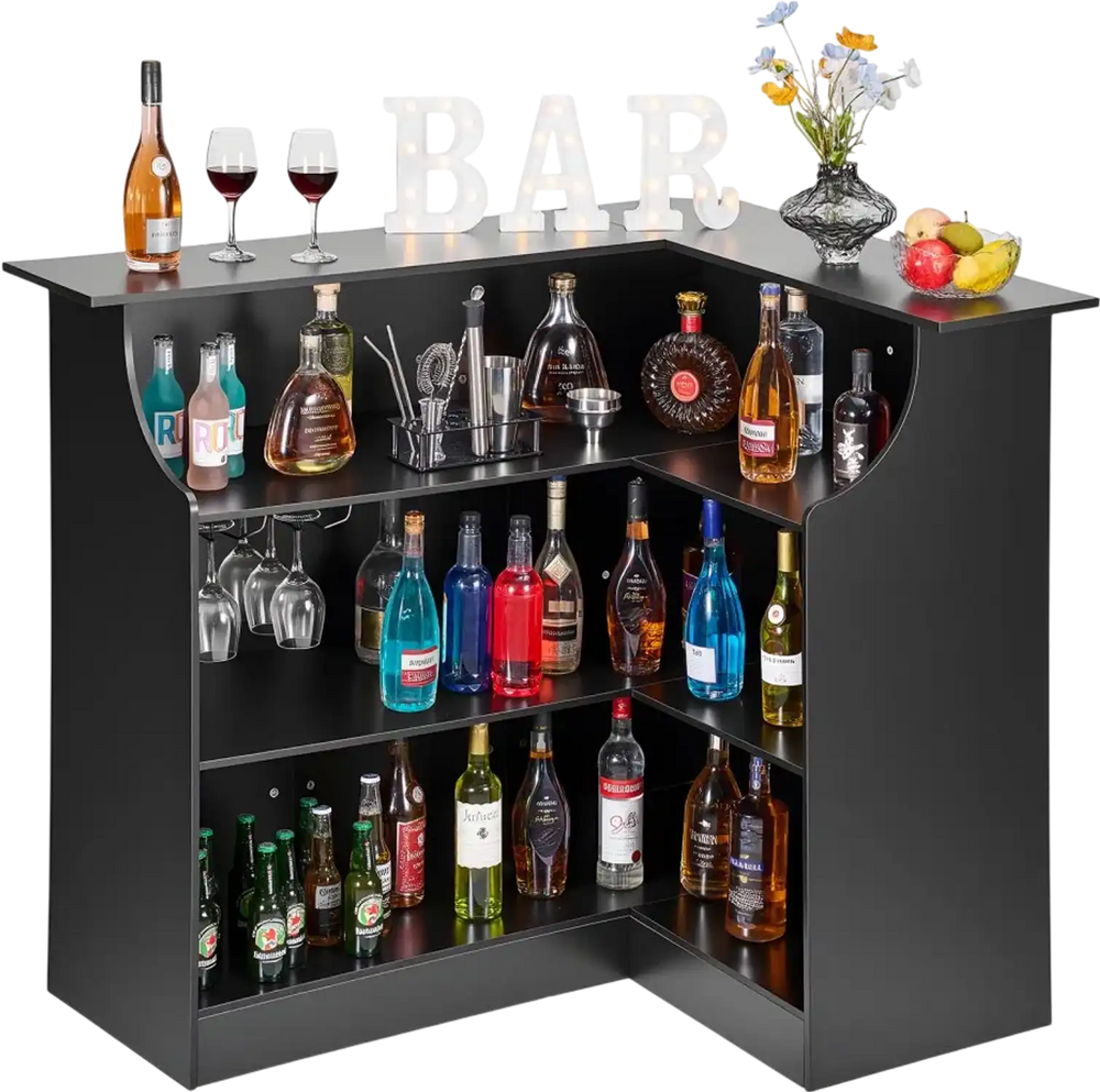 VEVOR Home Bar Unit, L-Shaped Wine Bar Cabinet Table 4-Tier with Storage Shelves,  Wine Glass Holder, 300 lbs Max Capacity, Wood Liquor Cabinet for Home, Kitchen, Living Room, Pub, Basement, Black