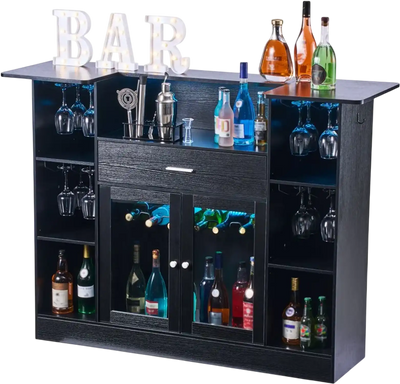 Vevor Home Bar Unit 4-Tier Wine Bar Cabinet with LED Light Black New