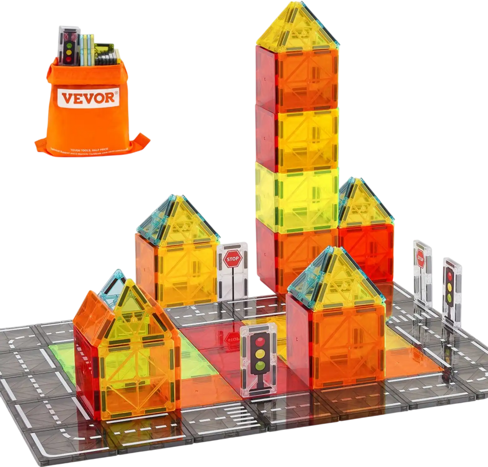 VEVOR Magnetic Tiles, 56 PCS Magnetic Road Building Blocks for Kids, Magnet Building Set with Storage Bag, STEM Sensory Educational City Construction Stacking Toys Gift for Toddlers Boys Girls Aged 3+
