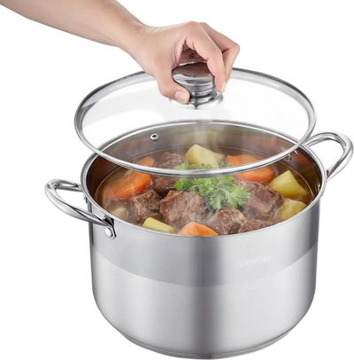 VEVOR Stainless Steel Stock Pot, 12-Quart Stainless Steel Stockpot with Glass Lid, PFOA-Free, PFAS-Free, Compatible with Gas Stoves, Induction Cooktops, Electric Stoves, for Soups, Stews, and Pasta