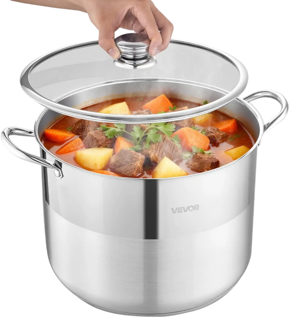 VEVOR Stainless Steel Stock Pot, 16-Quart Stainless Steel Stockpot with Glass Lid, PFOA-Free, PFAS-Free, Compatible with Gas Stoves, Induction Cooktops, Electric Stoves, for Soups, Stews, and Pasta