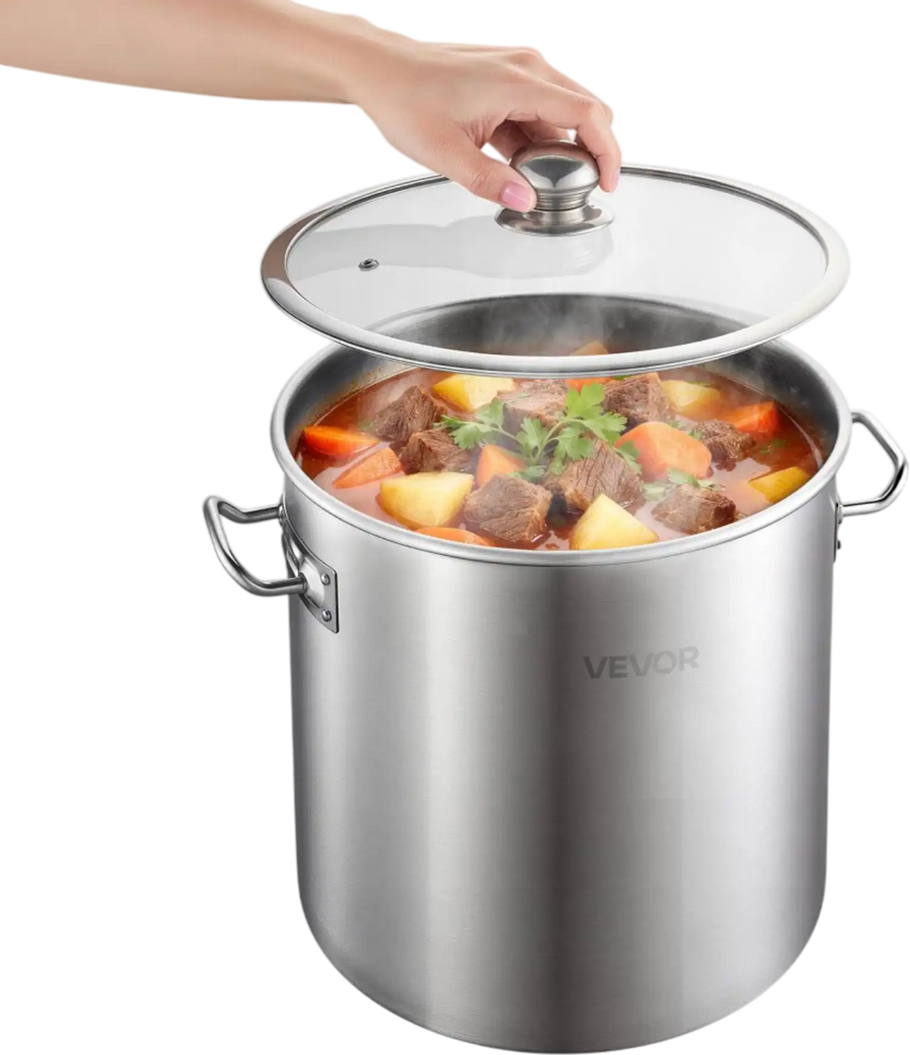VEVOR Stainless Steel Stock Pot, 21-Quart Stainless Steel Stockpot with Glass Lid, PFOA-Free, PFAS-Free, Compatible with Gas Stoves, Induction Cooktops, Electric Stoves, for Soups, Stews, and Pasta