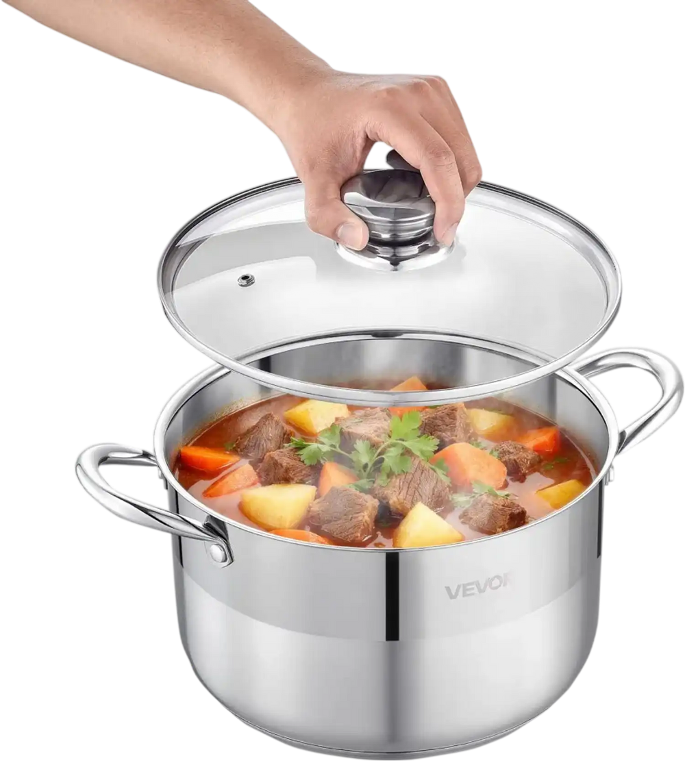 VEVOR Stainless Steel Stock Pot, 8-Quart Stainless Steel Stockpot with Glass Lid, PFOA-Free, PFAS-Free, Compatible with Gas Stoves, Induction Cooktops, Electric Stoves, for Soups, Stews, and Pasta