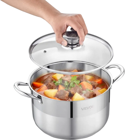 VEVOR Stainless Steel Stock Pot, 8-Quart Stainless Steel Stockpot with Glass Lid, PFOA-Free, PFAS-Free, Compatible with Gas Stoves, Induction Cooktops, Electric Stoves, for Soups, Stews, and Pasta