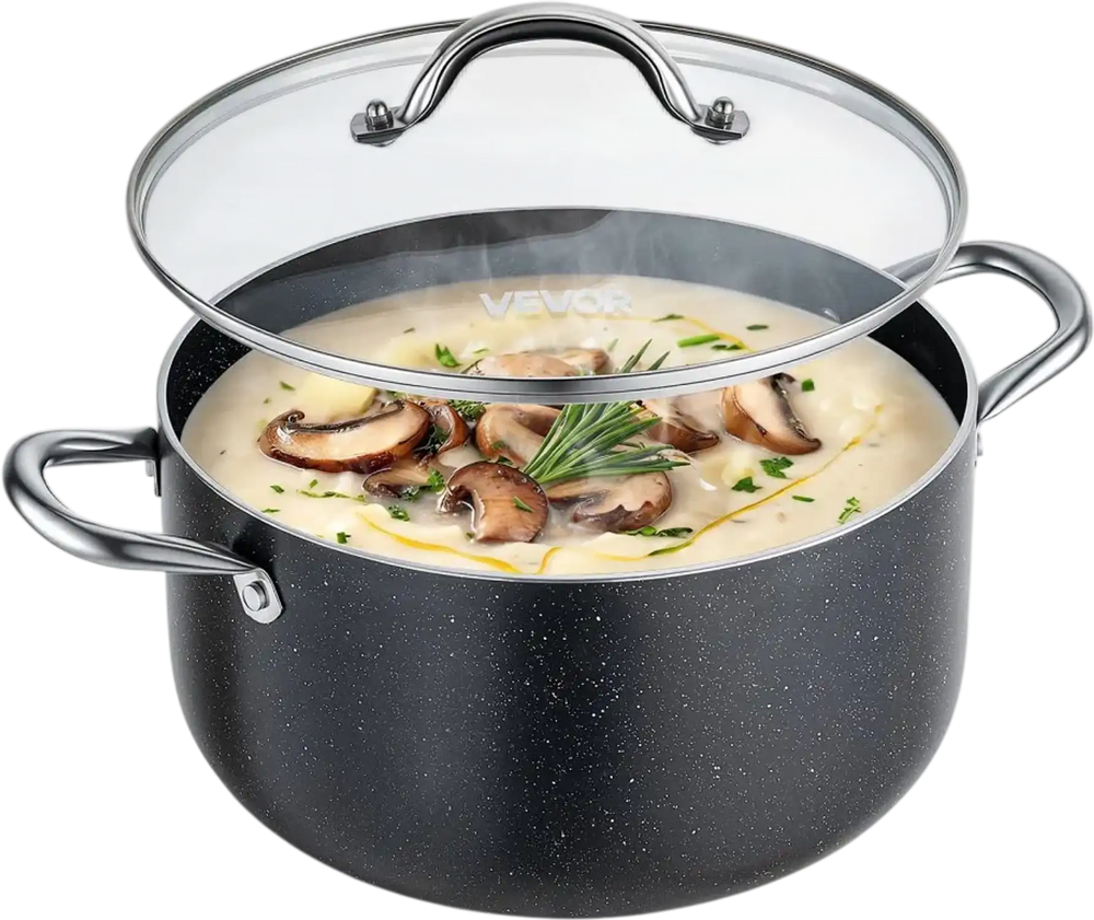 VEVOR Aluminum Stock Pot, 8-Quart Nonstick Ceramic Coated Pot with Glass Lid, PFOA-Free, PFAS-Free, Compatible with Gas Stoves, Induction Cooktops, Electric Stoves, for Soups, Stews, and Pasta
