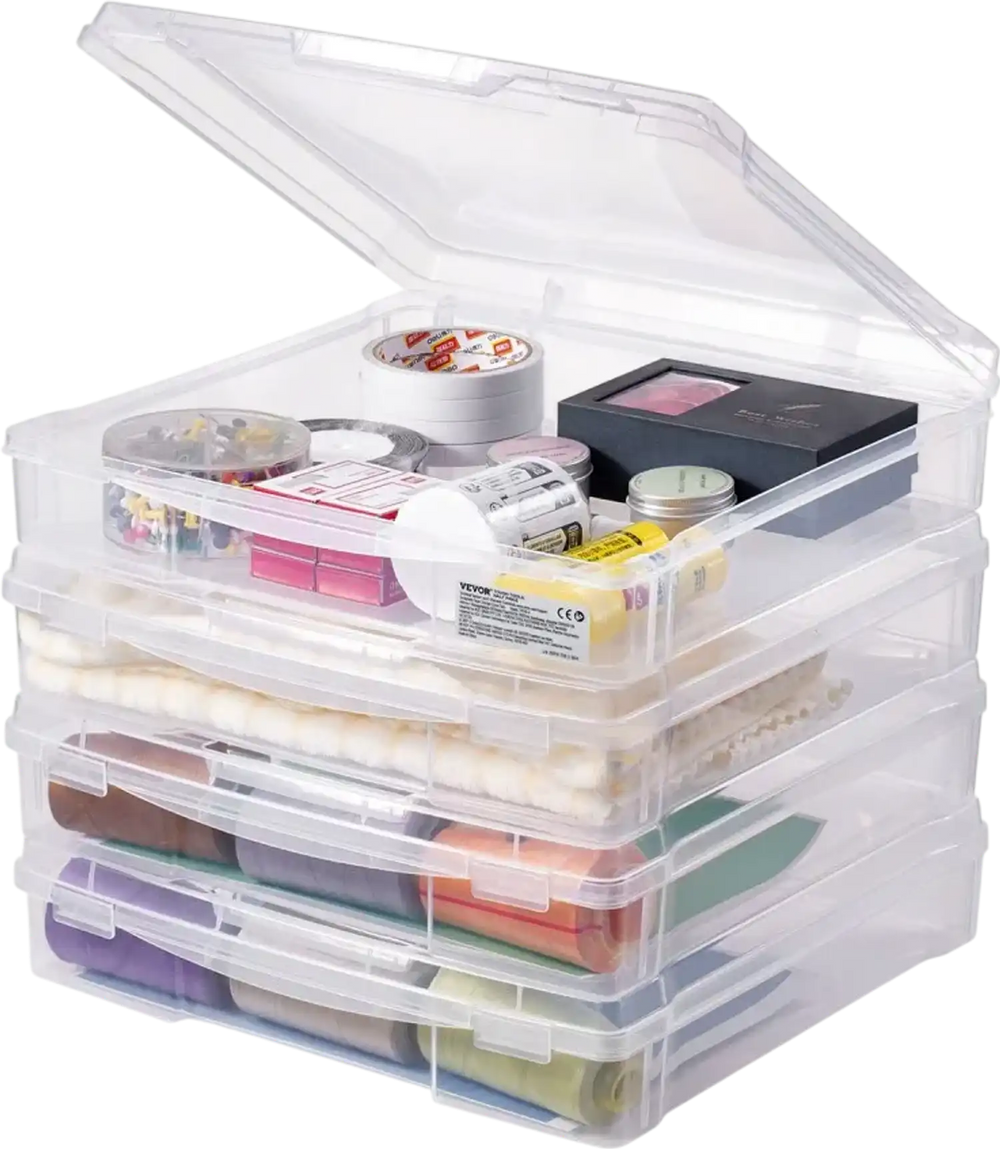 VEVOR Scrapbook Paper Storage, 4 Pack Stackable Plastic Board Game Boxes, Clear Multi-Purpose Document Case with Rounded Corners and Double Latches, for Office Essentials Tools Arts Crafts Supplies