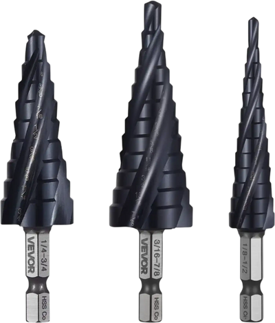 VEVOR Step Drill Bit Set, 1/8 - 7/8 inch, 3 Pieces Step Drill Bits, 1/4 inch Hex Shank, TiAlN Coating Cobalt HSS High Speed Steel, for Metal, Stainless Steel, Aluminum, Wood, Plastic, Fiberglass