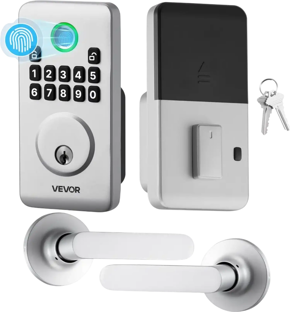VEVOR Fingerprint Door Lock Set, Electronic Biometric Deadbolt Keyless Entry Door Lock with Handle, Pioneering Easy-Grip Design, Auto Locking, One-Time Code, Anti-Peeking Password, for Home, Silver