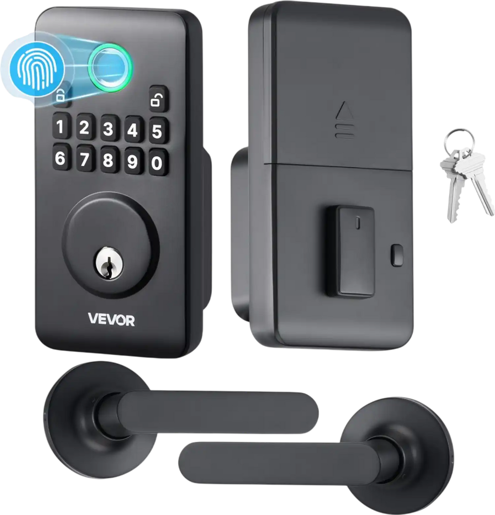 VEVOR Fingerprint Door Lock Set, Electronic Biometric Deadbolt Keyless Entry Door Lock with Handle, Pioneering Easy-Grip Design, Auto Locking, One-Time Code, Anti-Peeking Password, Matte Black