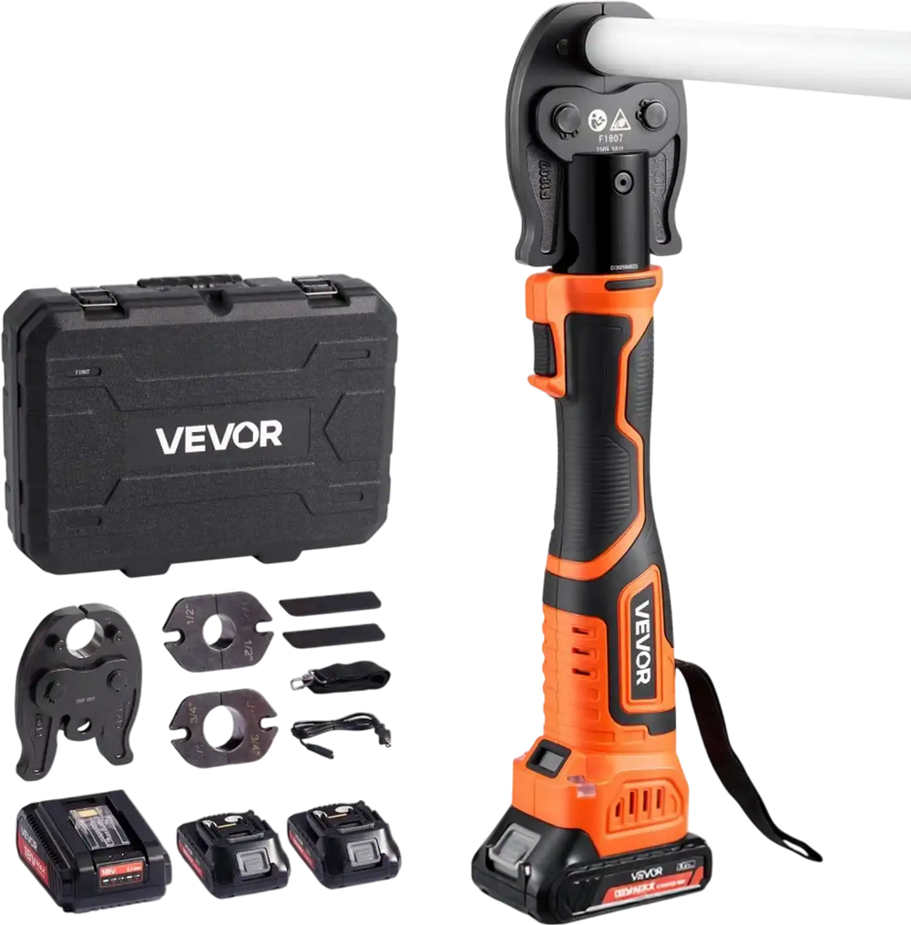 VEVOR Cordless Mini Press Tool, 18V Electric Pipe Crimping Tool for 1/2", 3/4", 1" PEX Pipe Copper Rings, 24KN PEX Press Tool with 2pcs Battery, Fast Charger & Carrying Case - Meet ASTM F1807 Standard