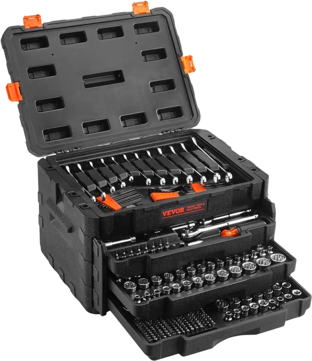 VEVOR Mechanics Tool Set and Socket Set, 1/4" 3/8" 1/2" Drive Deep and Standard Sockets, 450 Pcs SAE and Metric Mechanic Tool Kit with Bits, Hex Wrenches, Combination Wrench, Accessories, Storage Case