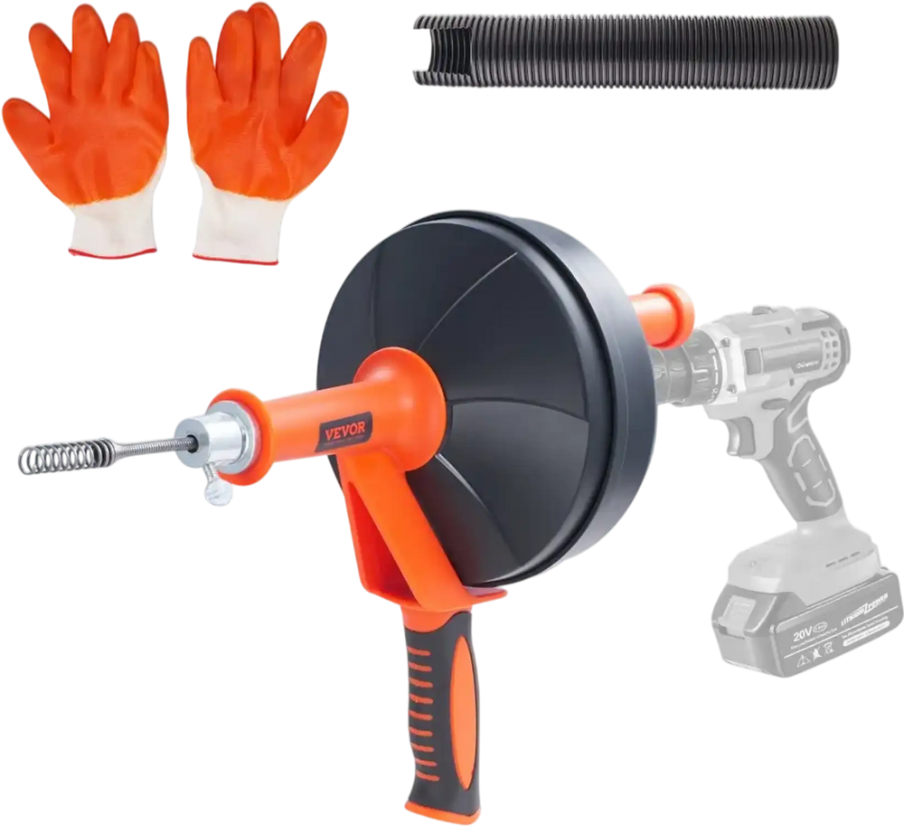 VEVOR Drain Auger 25Ft, Plumbing Snake with Drill Attachment, Plumbers Snake Drain Clog Remover for Kitchen Bathroom Shower Sink with Protective Hose and Gloves