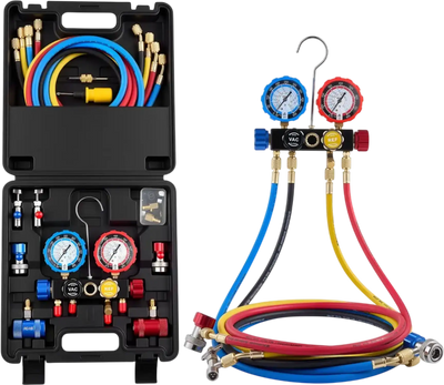 VEVOR AC Manifold Gauge Set for R134a R404A R1234yf R22 Refrigerant, 4 Way AC Gauge with 5 ft Hoses, Adapters, Quick Couplers, Can Taps for Automotive Air Conditioning Maintenance, Charging Evacuation