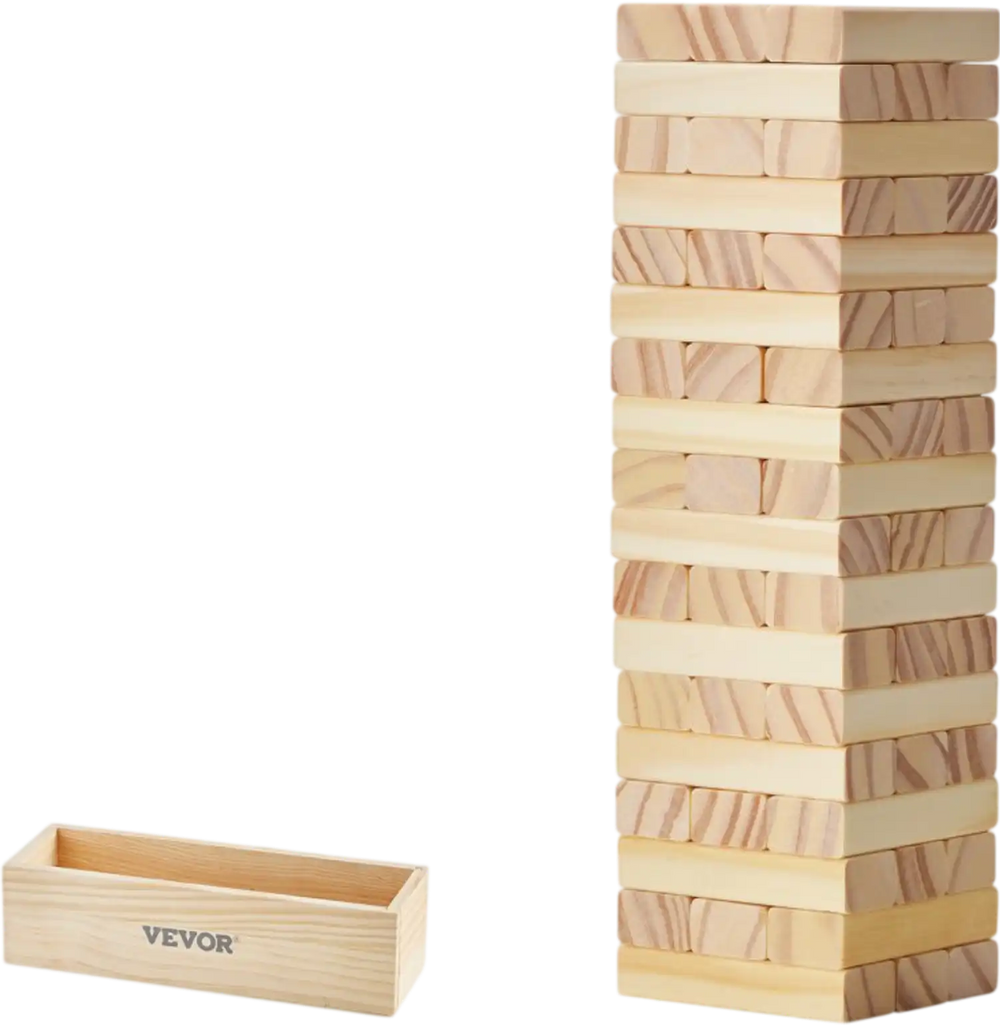 VEVOR Tumbling Timber Toy, 54 Blocks Tumble Tower Blocks Game, Pine Wood Tumbling Tower Game with Storage Crate, Multiple Ways to Play Wooden Stacking Game, Tumble Tower Family Game for Indoor/Outdoor