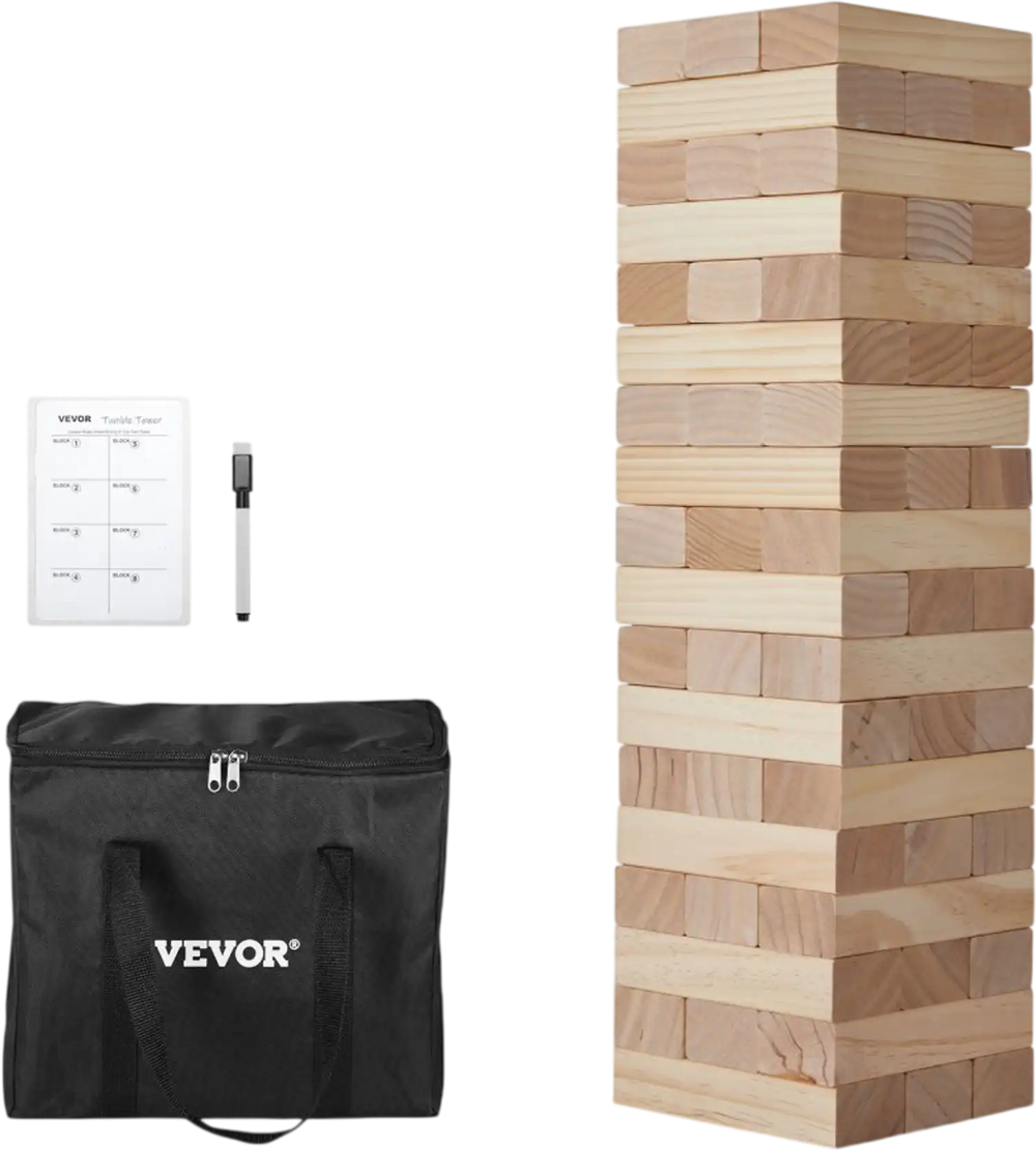 VEVOR Tumbling Timber Toy, 54 Blocks Large Tumble Tower Blocks Game, Pine Wood Tumbling Tower Game with Carry Bag and Scoreboard, Wooden Stacking Game, Tumble Tower Family Games for Indoor/Outdoor