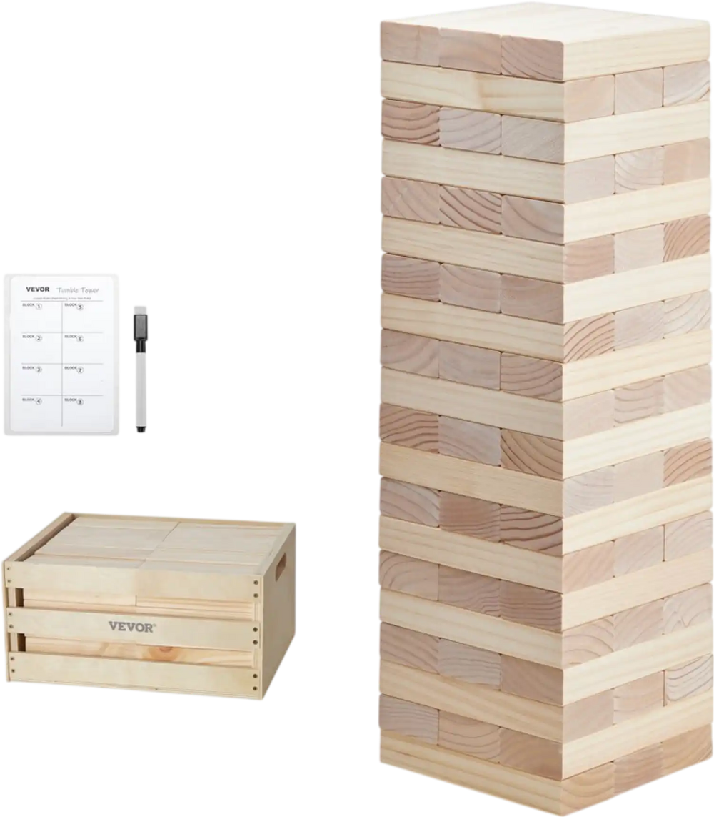 VEVOR Tumbling Timber Toy, 60 Blocks Giant Tumble Tower Blocks Game, Pine Wood Tumbling Tower Game with Storage Crate and Scoreboard, Wooden Stacking Game, Tumble Tower Family Games for Indoor/Outdoor