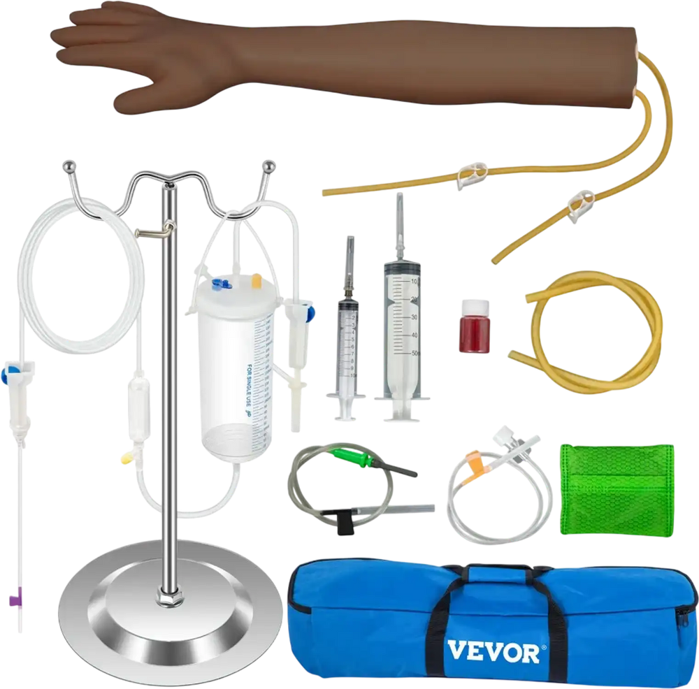 VEVOR Phlebotomy Practice Kit, Dark Skin IV Practice Kit Venipuncture Learning Phlebotomy Practice Arm Kit with Infusion Stand for Nurse, Medical Students
