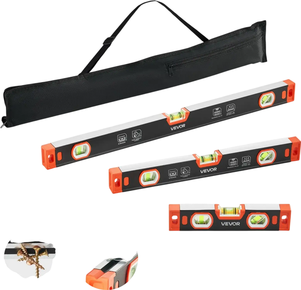 VEVOR Torpedo Level, 3-Piece Included 9/16/24 in, Magnetic Leveler Tool Set Aluminum Alloy, with Clear 3 Green Vials, V-Groove, Hanging Hole, Multi-angle Measurement for Construction Home Renovation