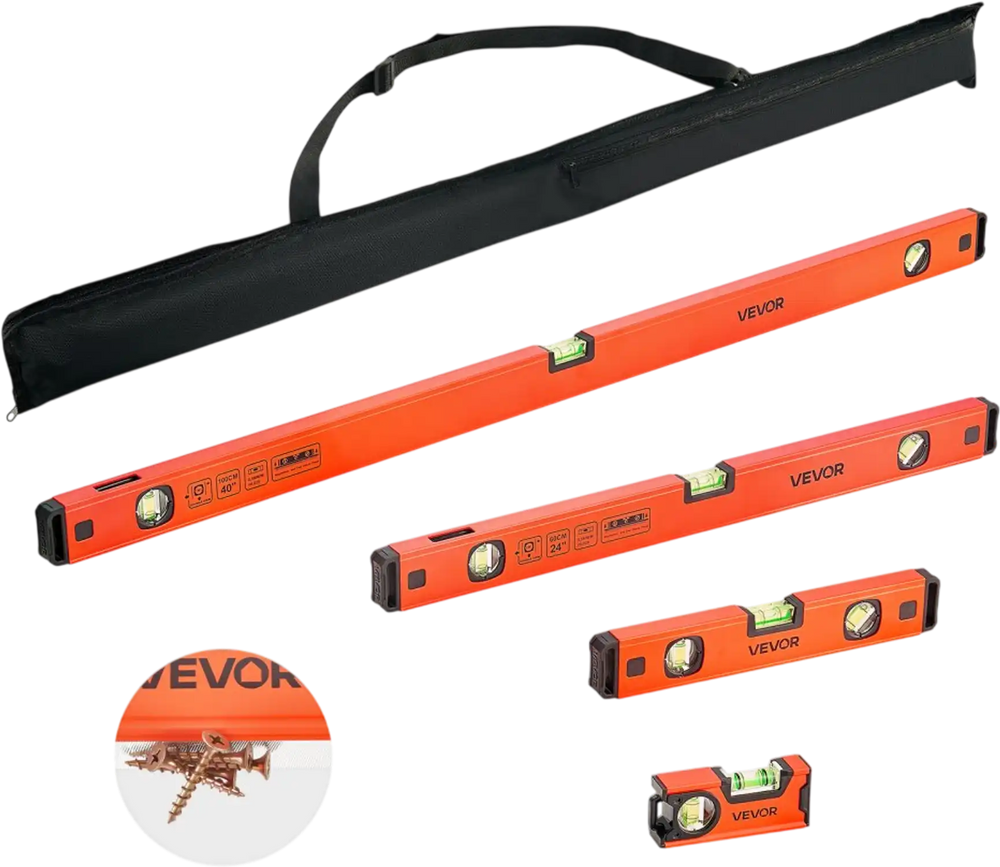 VEVOR Torpedo Level, 4-Piece Included 4/12/24/40 in, Magnetic Leveler Tool Set Aluminum Alloy, with Clear 3 Green Vials, Hanging Hole, Box Beam Multi-angle Measurement for Construction Home Renovation