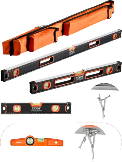 VEVOR 4-Piece Torpedo Level, 48/24/16/10 Inch Box Levels Set, Fluorescent Light Up Bubble Vials Ruler for 45/90/180 Degree, Aluminum Alloy Magnetic Leveler Tool, Shock-Proof(Only 10-inch has magnetic)
