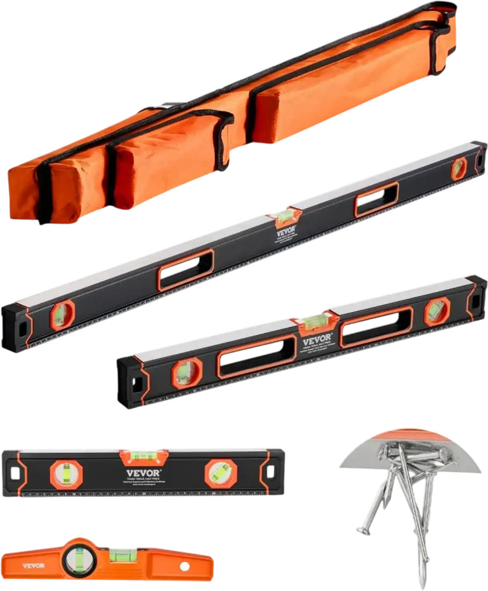 VEVOR 4-Piece Torpedo Level, 48/24/16/10 Inch All Magnetic Levels Set, Fluorescent Light Up Bubble Vials Ruler for 45/90/180 Degree, Aluminum Alloy Magnetic Box Leveler Tool, SAE and Metric Scale