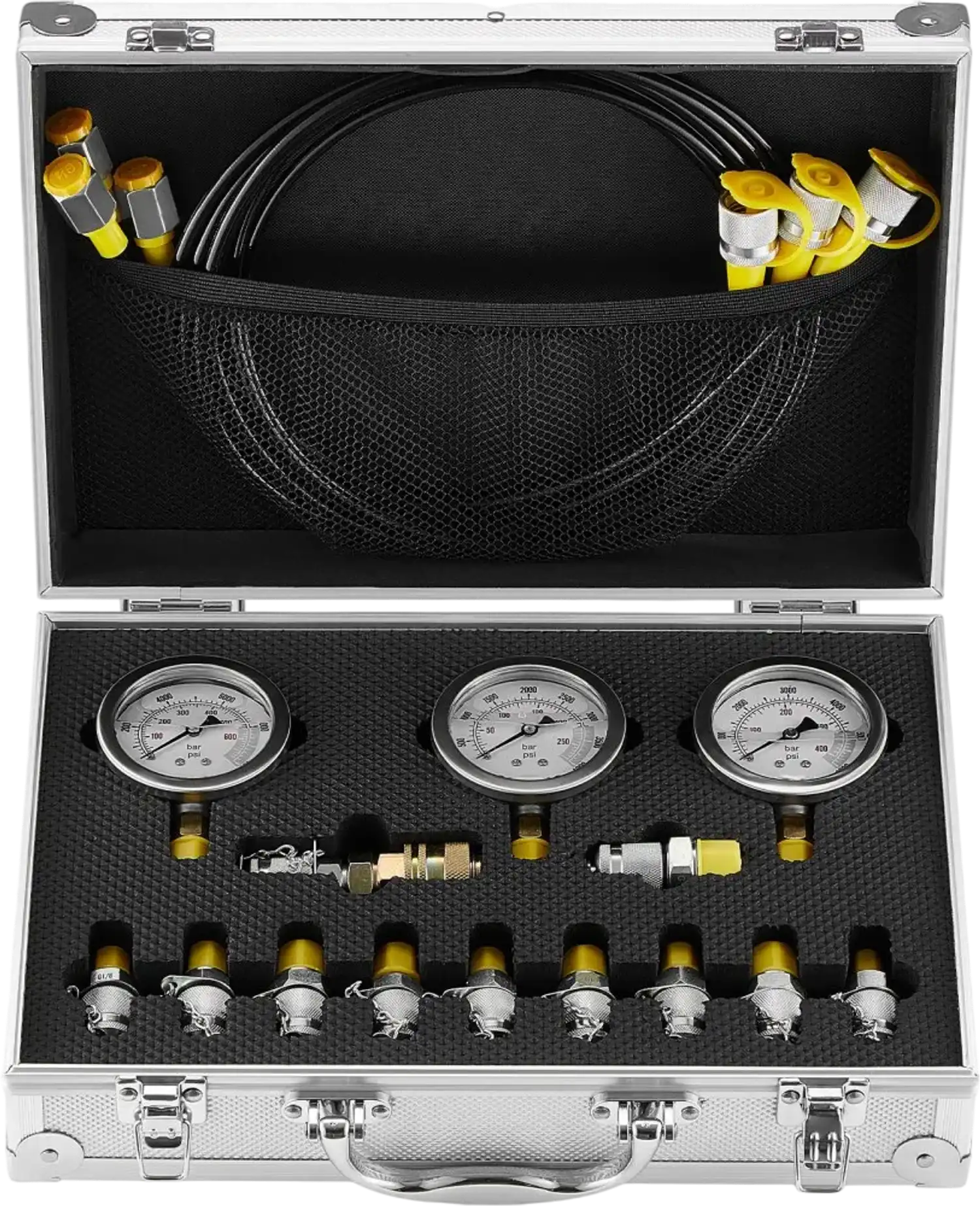 Vevor Hydraulic Pressure Test Kit 250/400/600 Bar 3 Gauges 11 Couplings 3 Hoses New