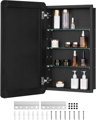 Vevor Medicine Cabinet Black Bathroom Mirror Wall Mounted or Recessed 16.5