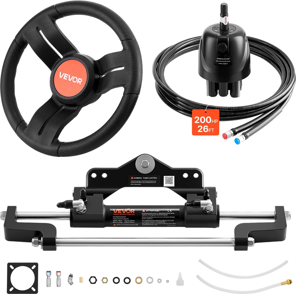 VEVOR Outboard Hydraulic Steering Kit, 200 HP, Marine Boat Hydraulic Steering System with 6.9 MPa Two-Way Lock Helm Pump, Cylinder, 2 PCS 26 ft Hoses, 13.5" Wheel for Single Station, Single-Engine Use