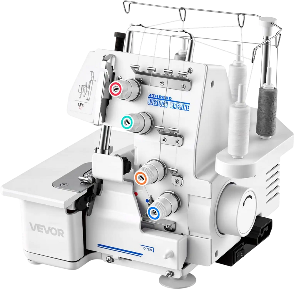 VEVOR Serger Overlock Sewing Machine, 1250 Stitches Per Minute, 3 and 4 Thread Capability, with LED Light and Strong Suction Feet, Heavy-Duty Metal Frame Sewing Machine for Various Fabrics, White