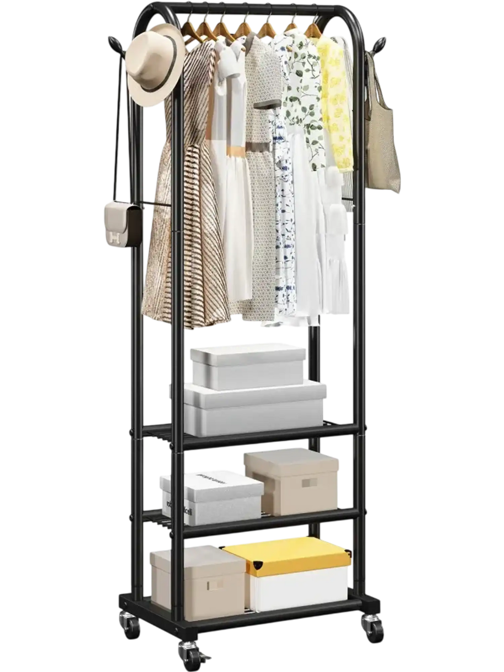 VEVOR Clothes Rack, Rolling Clothing Garment Rack with Hanging Rod and Side Hooks, 3 Storage Shelves, 99 lbs Load Capacity, Heavy Duty Carbon Steel Clothing Racks for Bedroom, Laundry, Living Room
