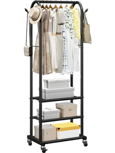 Vevor Clothes Rack Rolling Garment Rack with Hanging Rod, Side Hooks & 3 Shelves New