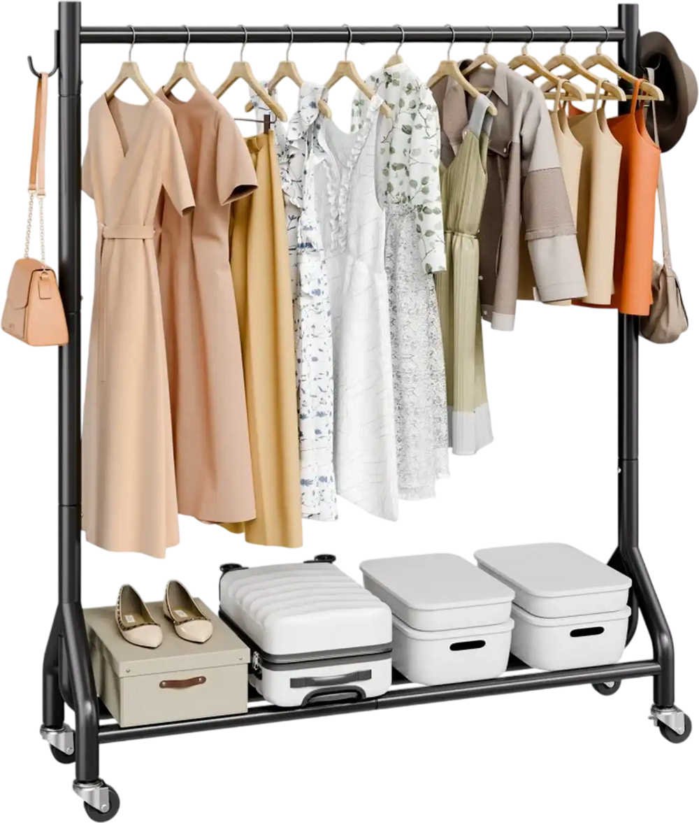 VEVOR Clothes Rack, Rolling Clothing Garment Rack with Hanging Rod and Side Hooks, 198 lbs Load Capacity, Heavy Duty Carbon Steel Clothing Racks with Wheels, Ideal for Bedroom, Laundry, Living Room