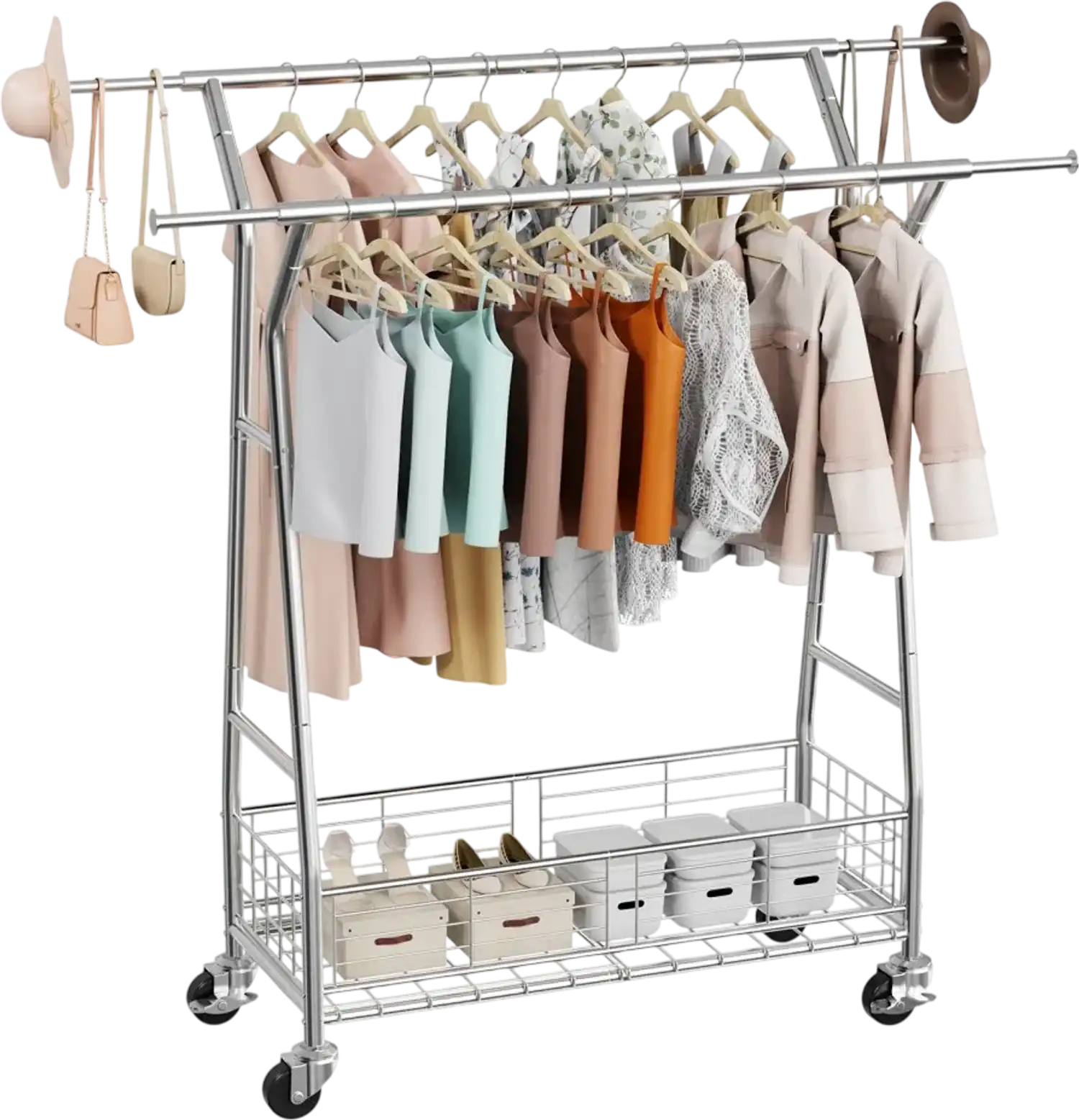 Vevor Clothes Rack Rolling Garment Rack with 2 Hanging Rods and Storage Basket 330 lbs New