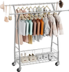 VEVOR Clothes Rack, Rolling Clothing Garment Rack with 2 Hanging Rods and Storage Basket, 330 lbs Load Capacity, Extendable Carbon Steel Clothing Racks with Wheels for Bedroom, Laundry, Living Room