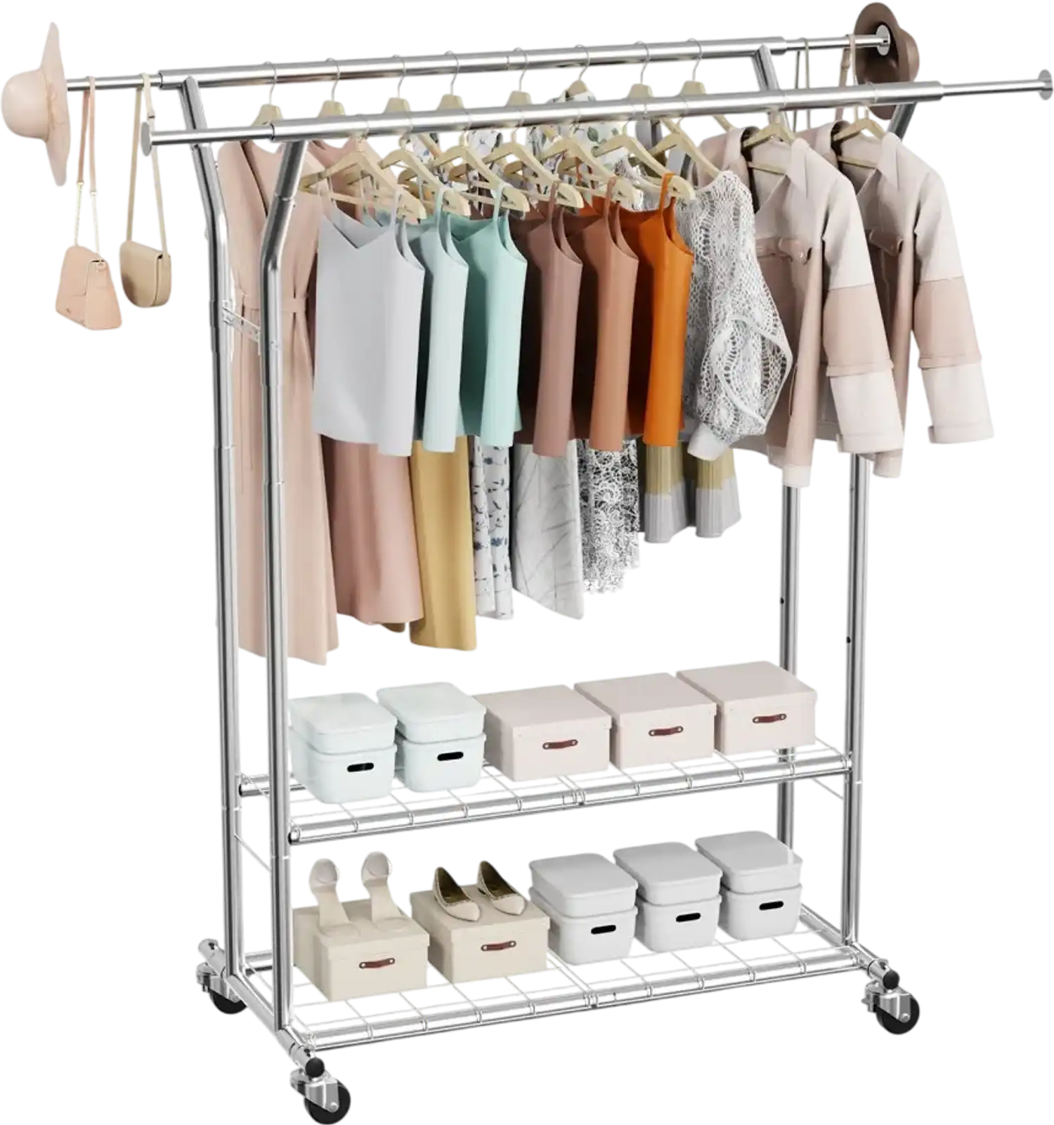 Vevor Clothes Rack Rolling Garment Rack with 2 Hanging Rods and 2 Storage Shelves New