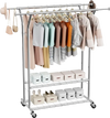 VEVOR Clothes Rack, Rolling Clothing Garment Rack with 2 Hanging Rods and 2 Storage Shelves, 264 lbs Load Capacity, Adjustable Height Carbon Steel Clothing Racks for Bedroom, Laundry, Living Room
