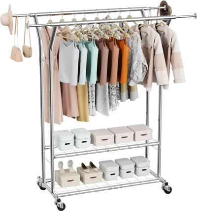 VEVOR Clothes Rack, Rolling Clothing Garment Rack with 2 Hanging Rods and 2 Storage Shelves, 264 lbs Load Capacity, Adjustable Height Carbon Steel Clothing Racks for Bedroom, Laundry, Living Room