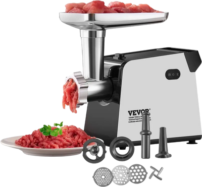 VEVOR Meat Grinder, 3 Lbs/Min Capacity Electric Meat Grinders with Blade, Grinding Plate, Sausage Maker, Kubbe Kit, Stainless Steel Meat Mincer for Home Kitchen