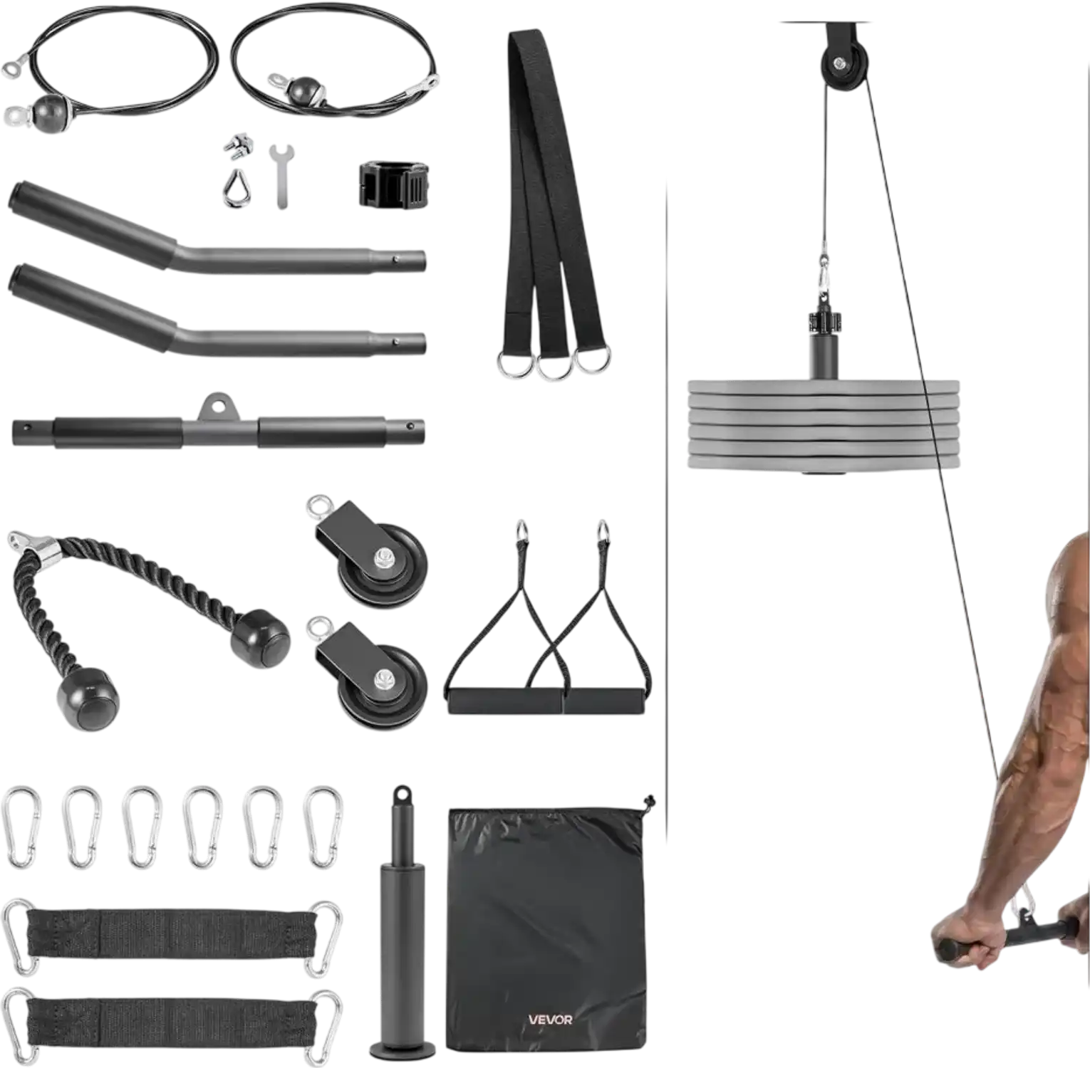 Vevor Pulley System 2-Pc LAT and Lift Gym Rack Attachment with Steel Cables and Handles New