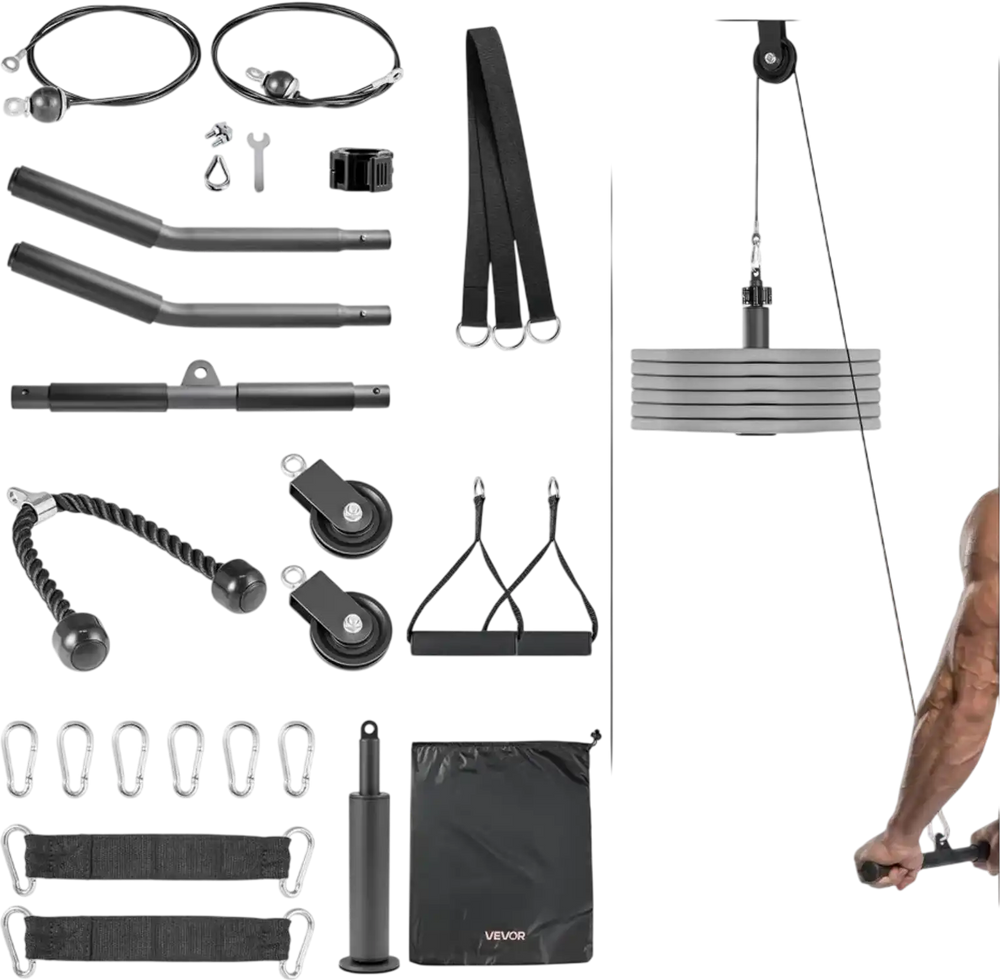 VEVOR Pulley System, 2 PCS LAT and Lift Pulley System, Gym Rack Pulleys Attachment with two Steel Cables, Short Bar, Dual Grip Handles, Cable Machine for Bicep, Shoulder, Back, Up to 330 lbs Capacity