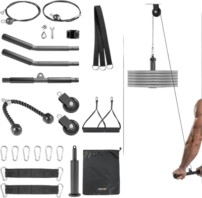Vevor Pulley System 2-Pc LAT and Lift Gym Rack Attachment with Steel Cables and Handles New