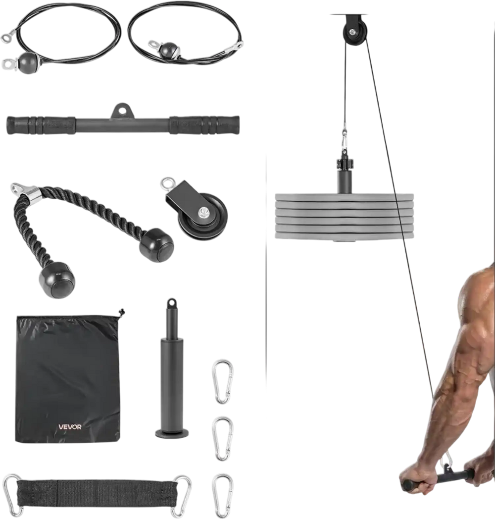 VEVOR Pulley System, 1 PC LAT and Lift Pulley System, Gym Rack Pulleys Attachment with two Steel Cables, Short Bar, Dual Grip Handles, Cable Machine for Bicep, Shoulder, Back, Up to 280 lbs Capacity