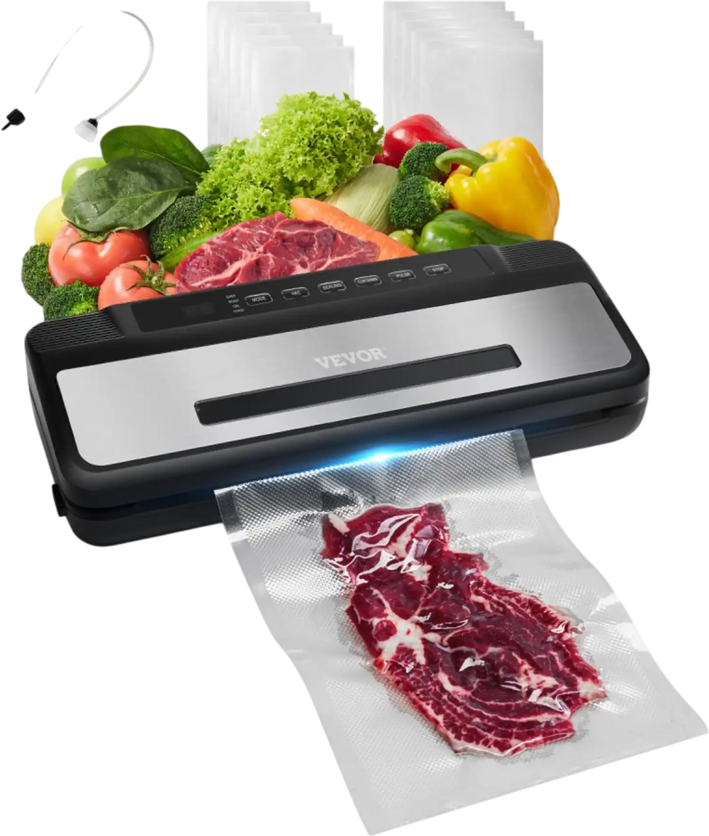 VEVOR Vacuum Sealer Machine, 80Kpa 120W Powerful Compact Food Sealer, 7-in-1 Multi-Functional Food Vacuum Sealer, Automatic Air Sealing System with Built-in Cutter with 10 Vacuum Bags & 1 Bag Roll