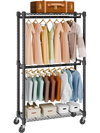 VEVOR Heavy Duty Clothes Rack, Double Hanging Rods Clothing Garment Rack with Bottom and Top Storage Tier, Rolling Clothing Rack for Hanging Clothes, 1'' Diameter Thicken Steel Tube Hold Up to 300Lbs