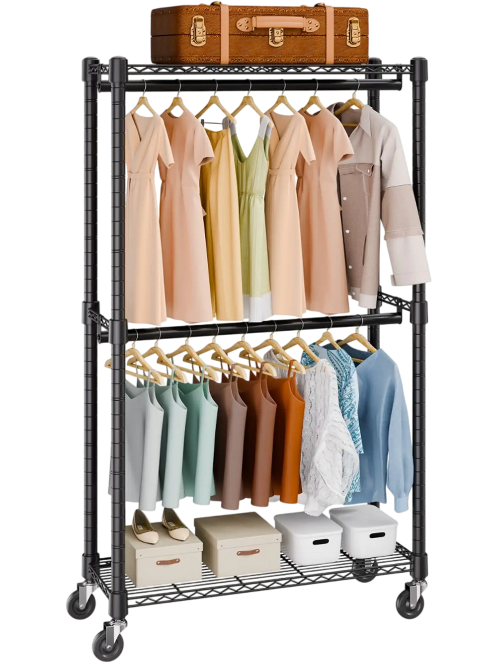 VEVOR Heavy Duty Clothes Rack, Double Hanging Rods Clothing Garment Rack with Bottom and Top Storage Tier, Rolling Clothing Rack for Hanging Clothes, 1'' Diameter Thicken Steel Tube Hold Up to 300Lbs