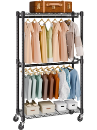 VEVOR Heavy Duty Clothes Rack, Double Hanging Rods Clothing Garment Rack with Bottom and Top Storage Tier, Rolling Clothing Rack for Hanging Clothes, 1'' Diameter Thicken Steel Tube Hold Up to 300Lbs