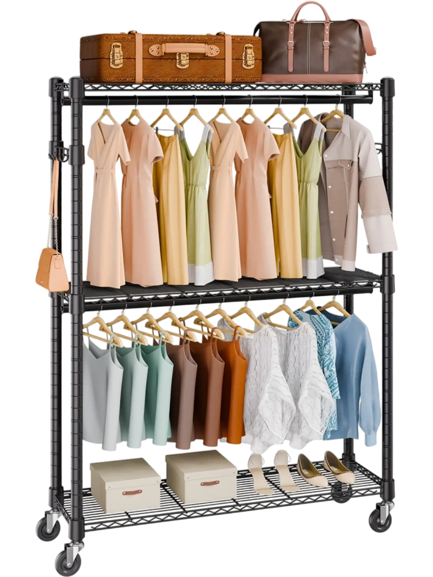 Vevor Garment Rack Heavy Duty Rolling Clothes Rack with 3 Storage Tiers and Adjustable Height New