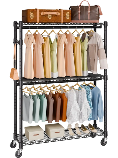 VEVOR Heavy Duty Clothes Rack, Rolling Clothing Garment Rack with 3 Storage Tiers, 2 Rods and 2 Pairs Side Hooks, Adjustable Height Clothing Rack Closet for Hanging Clothes, 400 Lbs Load Capacity