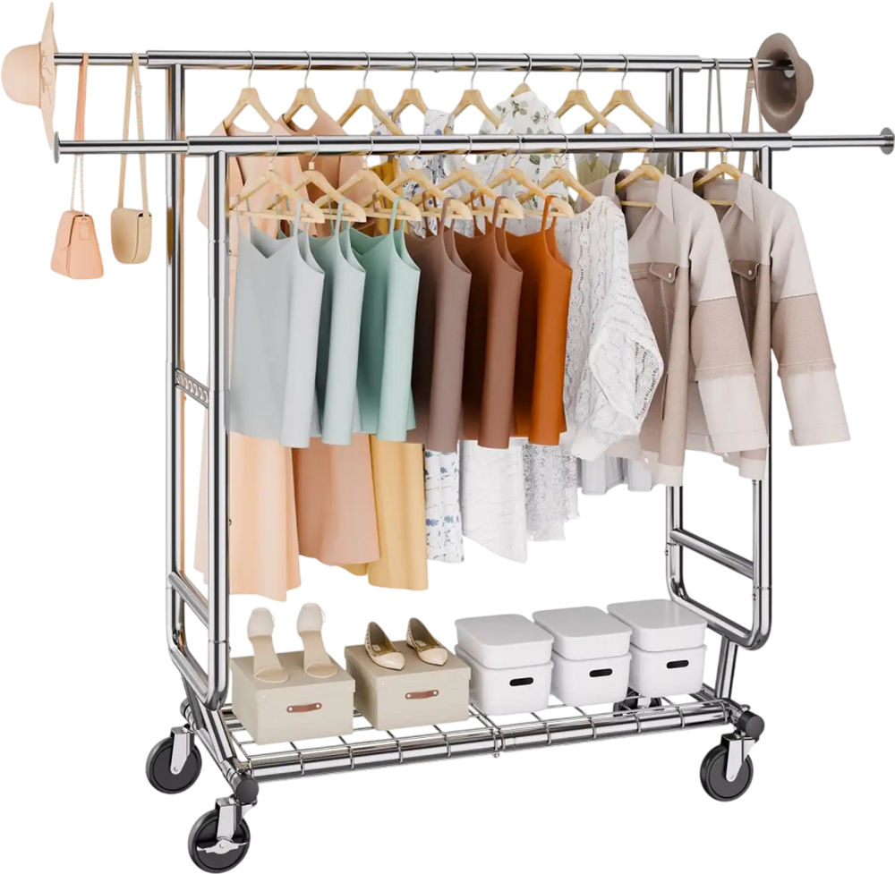 VEVOR Heavy Duty Clothes Rack, Double Hanging Rod Clothing Garment Rack for Hanging Clothes, Adjustable Height and Extendable Length Clothing Rack with Bottom Storage Area, 600 lbs Load Capacity