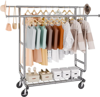 VEVOR Heavy Duty Clothes Rack, Double Hanging Rod Clothing Garment Rack for Hanging Clothes, Adjustable Height and Extendable Length Clothing Rack with Bottom Storage Area, 600 lbs Load Capacity
